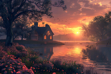 Natural Symphony: Scenic Lake, Ghostly Cottage and Blooming Wildflowers at Sunset