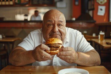 A joyful, overweight man savoring a burger in a lively café, radiating contentment and enjoyment.