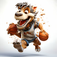 Lion cartoon character running with a basket of basketball. 3d rendering