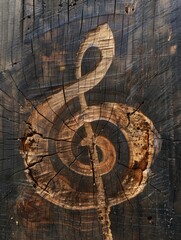 Wooden clef. Clef made of old wood with cracks. A musical symbol used to indicate which notes are...