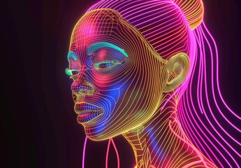 Create an abstract linear art portrait of a woman illuminated by vibrant neon colors against a dark background.