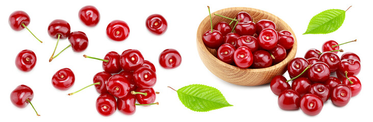 red cherry in wooden bowl isolated on white background. clipping path