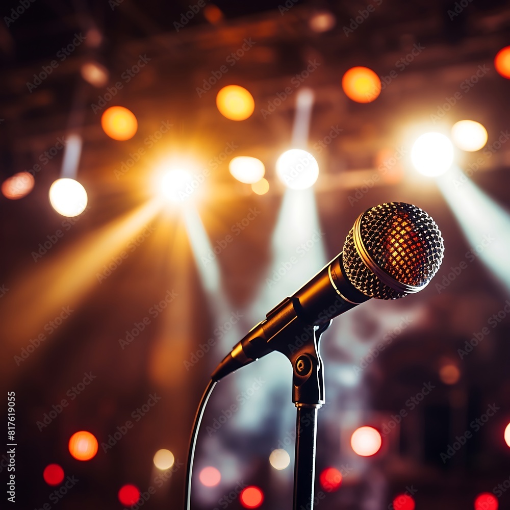 Poster microphone on stage with bokeh background