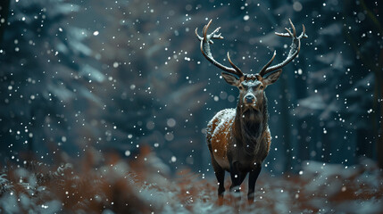 A deer standing in the middle of a forest with snow falling on it's antlers and trees in the background. Deer standing in snowy forest, Created By Generative Ai