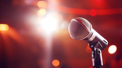 microphone on a concert stage with beautiful lighting background.