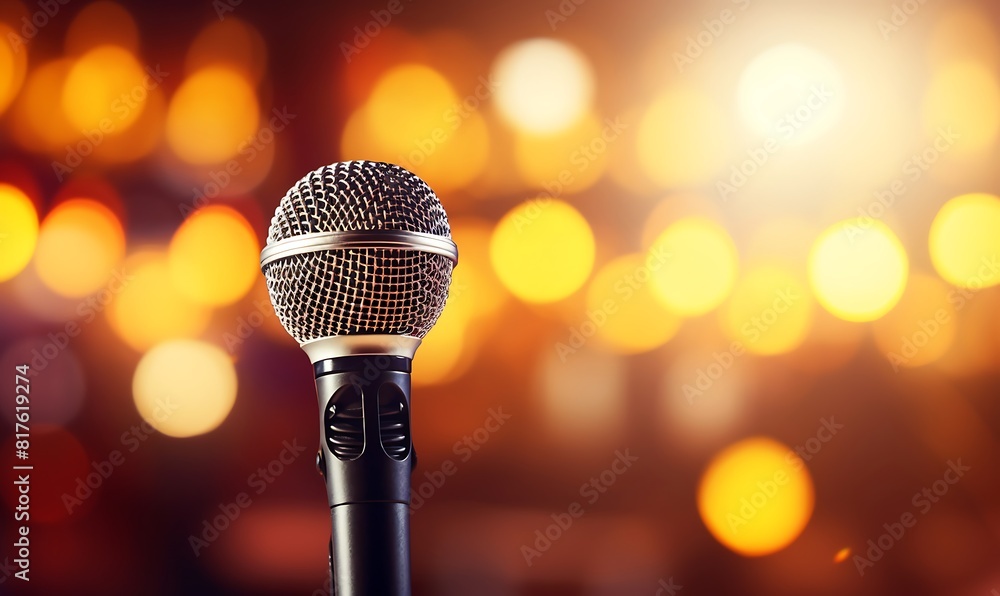 Poster microphone on stage with bokeh background