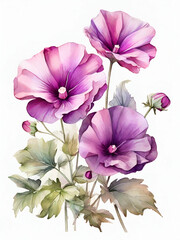 Purple mallow flowers on white background,Purple mallow flowers watercolor