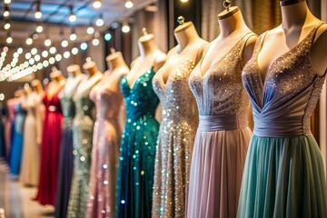 Rent dresses for evening events. Close-up. Elegant women's dresses hang on white hangers on a barbell in the salon store.