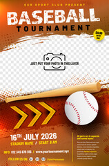 Baseball tournament poster template with bat, ball and place for your photo