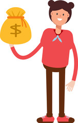 Cute Girl Character Holding Dollar Sack
