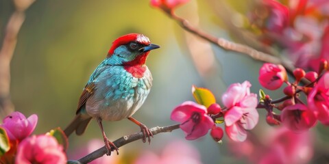 Bird Sitting on Branch With Pink Flowers