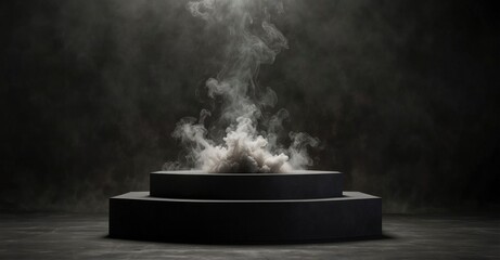 Dark podium on smoky background creates dramatic display platform