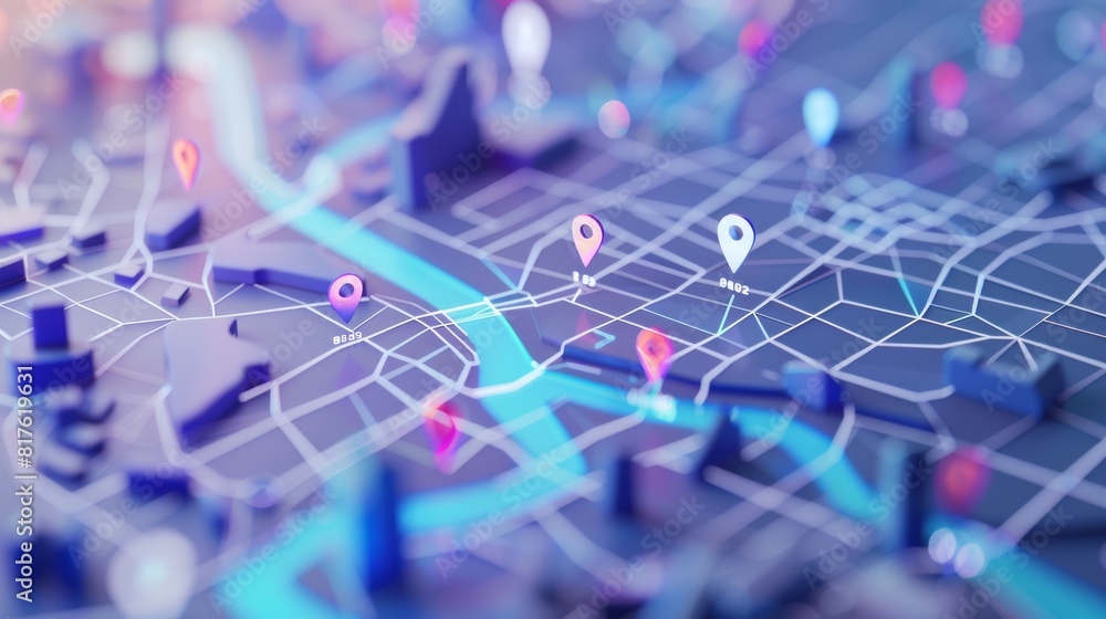 Poster a map of a city with a blue line running through it. there are many blue and red dots on the map, wh