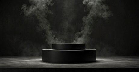 Dramatic black podium with smoky background for product display.