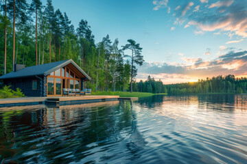 Fototapeta premium Wooden cabin on calm lake during sunset