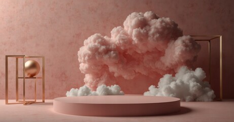 Dreamy pink podium with cloud backdrop for product showcase