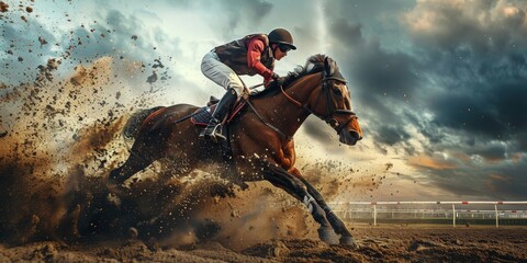 Naklejka premium Jockey Riding Horse on Dirt Track