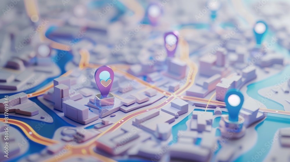 Poster a city map with four different colored pins on it. the map is in a 3d format and the pins are placed