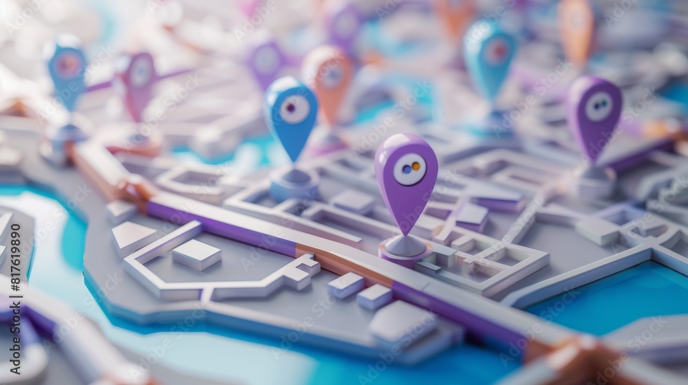 Poster a map of a city with many purple and orange pins on it. the map is a 3d rendering of a city with a r