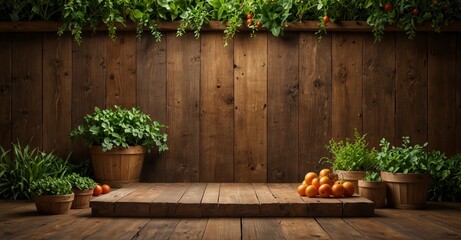 Farm-themed background with wood podium for showcasing garden produce