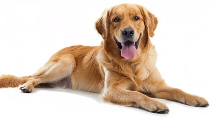 A golden retriever dog is laying down on a white background.