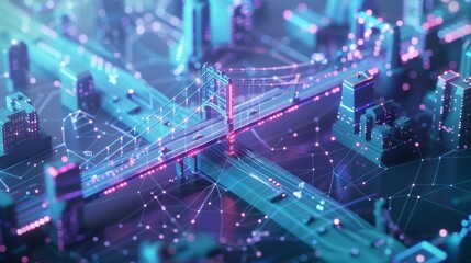 Obraz premium A cityscape with a bridge and cars on it. The bridge is lit up with neon lights and the cars are moving. Scene is futuristic and urban