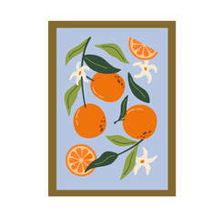 Abstract fruit contemporary art print. Modern poster with hand drawn oranges, leaves, and flowers.