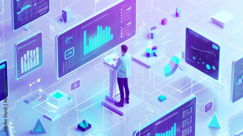 Poster a man is standing in front of a computer monitor with many graphs and numbers. concept of technology