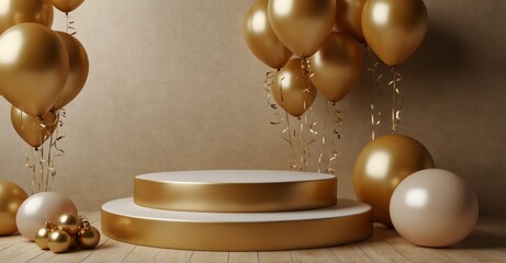 Gold podium with festive balloon background for product display