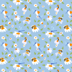 Summer background daisy bee Light blue seamless pattern spring white meadow flower green leaves ornament wrapping fabric wallpaper textile mosaic