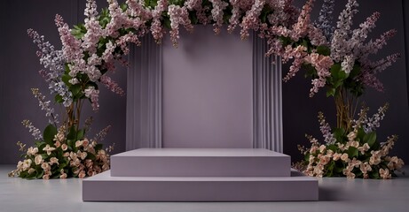 Lilac podium against floral backdrop for cosmetic display