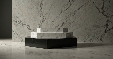 Minimal black podium with marble backdrop for showcasing products