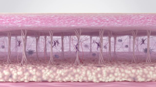 Fibroblast activation and collagen fibers regeneration in the skin extracellular matrix. Cross-section of skin tissues before and after anti-aging wrinkle reduction treatment. 3d animation