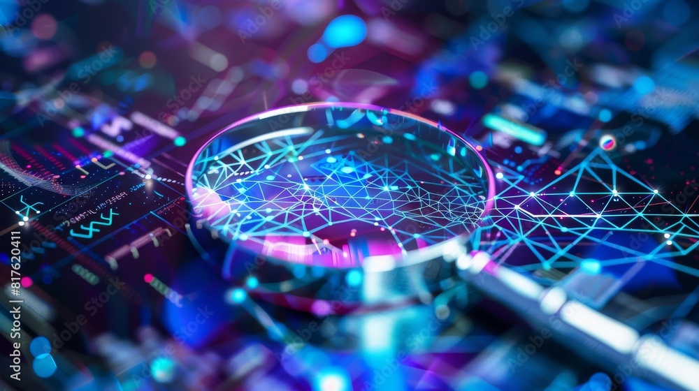 Aufkleber a magnifying glass is on a computer screen with a blue and purple background. concept of curiosity a