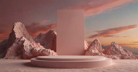 Pastel pink podium in abstract sky scene for product showcase.