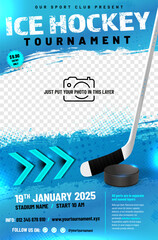 Ice hockey tournament poster template with puck, stick, arrows and place for your photo