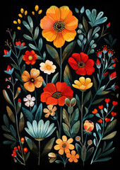 Vibrant Floral Pattern on Black Background