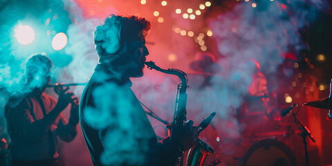 Fototapeta premium Group of Musicians Playing Saxophone at a Nightclub