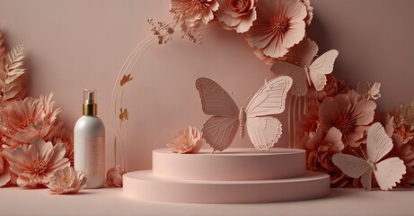 Pink 3D flower podium with butterfly background for cosmetic display
