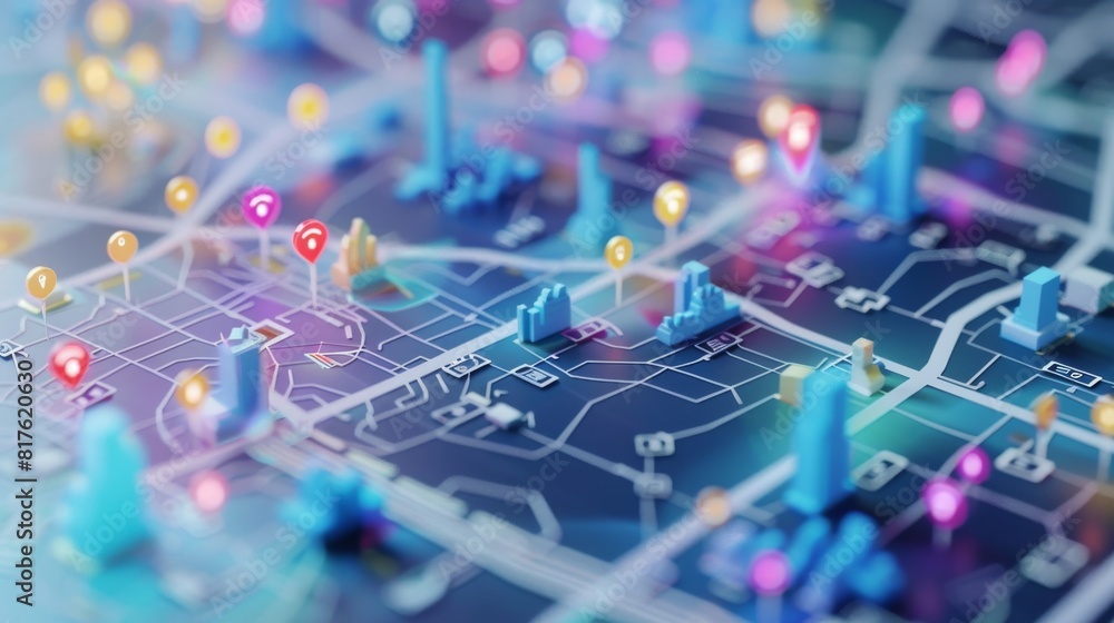 Poster a colorful city map with many buildings and a lot of traffic lights. the map is full of different co