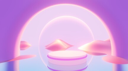 Podium backdrop for product display with dreamy landscape background 3d render