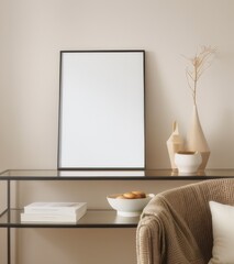 A blank poster frame sits on top of an elegant console table, with a beige wall in the background under soft lighting, the style should be modern and minimalist, the mood peaceful and serene.