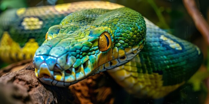 Green and Yellow Python Resting on a Branch