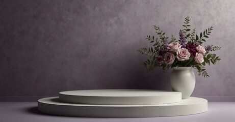 Romantic podium background with purple flower accents for product display