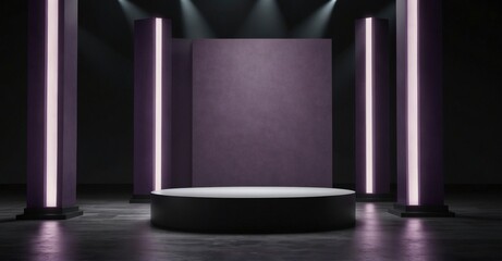 Purple stage pedestal for product showcase.