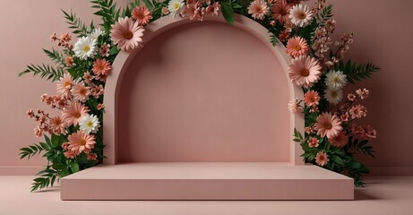 Spring-themed podium with pink flower background for product display