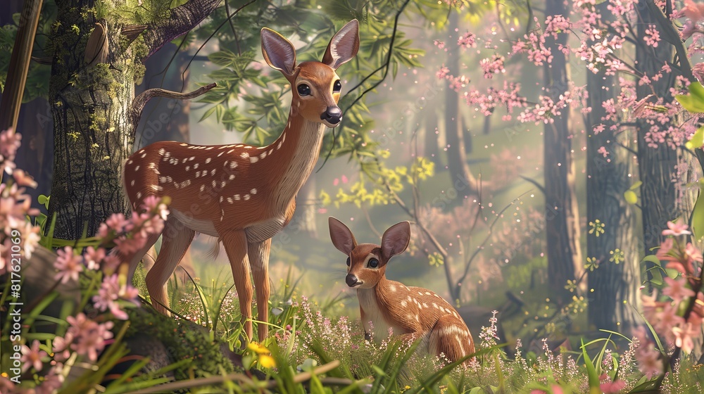 Poster two deer are standing in a forest with pink flowers in the background
