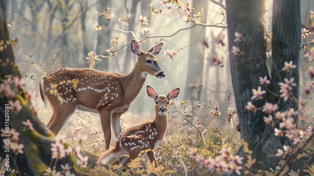 Poster two deer are standing in a forest with flowers in the background