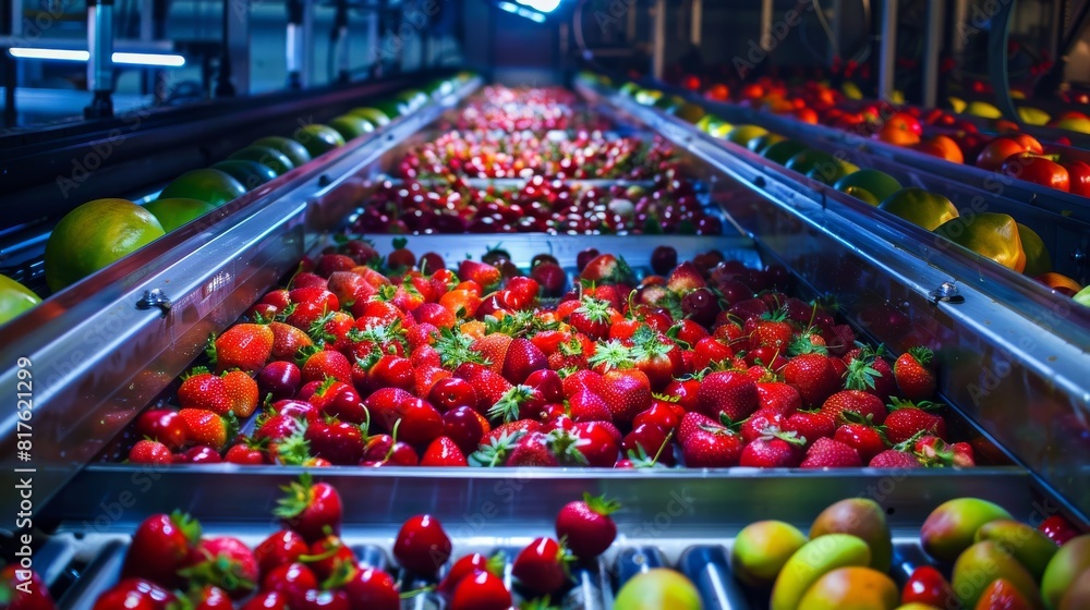 Poster a row of strawberries and apples are on a conveyor belt