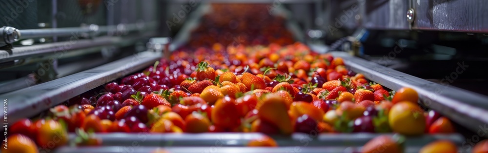 Poster a conveyor belt is filled with strawberries and oranges. the conveyor belt is moving and the fruit i